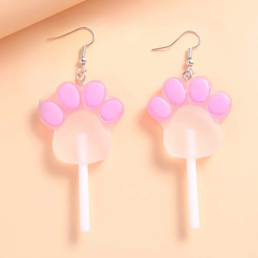 🐾 Super Adorable Pastel Kitty Cat Puppy Dog Paws Lollipop Drop Earrings 🐾